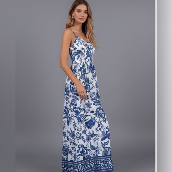 Boho Floral Print Cami Maxi Dress Blue - Picture 3 of 8